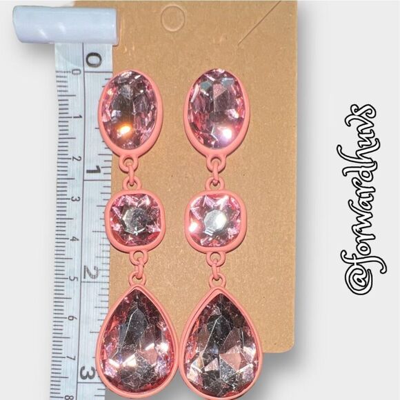 Pink Powdered Metal Dangle Bling Earrings with Faceted Pink Glass Rhinestones - Picture 9 of 10